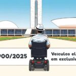 Ilustração de uma pessoa em cadeira de rodas motorizada olhando para o Congresso Nacional em Brasília. Na parte inferior, há um texto que diz: "PL 1900/2025 Veículos elétricos em exclusivas".