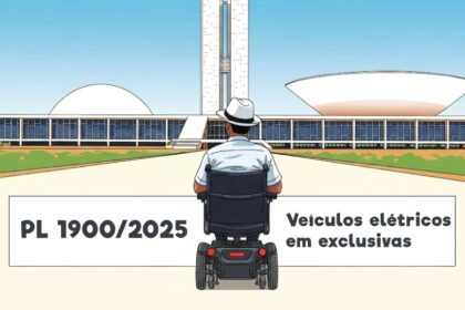 Ilustração de uma pessoa em cadeira de rodas motorizada olhando para o Congresso Nacional em Brasília. Na parte inferior, há um texto que diz: "PL 1900/2025 Veículos elétricos em exclusivas".