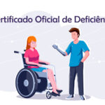 Ilustração com o título “Certificado Oficial de Deficiência” mostrando uma mulher em cadeira de rodas conversando com um homem com prótese no braço, em fundo neutro.