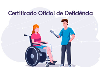Ilustração com o título “Certificado Oficial de Deficiência” mostrando uma mulher em cadeira de rodas conversando com um homem com prótese no braço, em fundo neutro.
