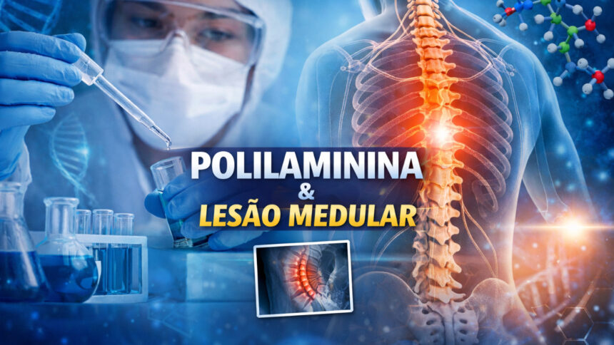 Infográfico científico com o título "POLILAMININA & LESÃO MEDULAR". À esquerda, um pesquisador usando máscara e óculos de proteção manipula tubos de ensaio em um laboratório. À direita, uma ilustração anatômica do tronco humano destaca a coluna vertebral com um ponto brilhante em laranja, simbolizando uma lesão. Há também uma pequena imagem de raio-X detalhando a área afetada na coluna.