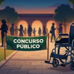 Ilustração de uma cadeira de rodas em primeiro plano ao lado de uma faixa com o texto “Concurso Público”. Ao fundo, silhuetas de pessoas caminham em um ambiente que lembra um espaço institucional, representando participação e inclusão de pessoas com deficiência em seleções públicas.