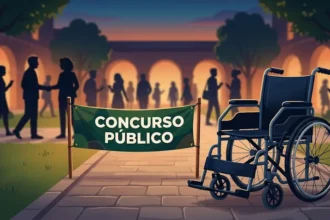 Ilustração de uma cadeira de rodas em primeiro plano ao lado de uma faixa com o texto “Concurso Público”. Ao fundo, silhuetas de pessoas caminham em um ambiente que lembra um espaço institucional, representando participação e inclusão de pessoas com deficiência em seleções públicas.
