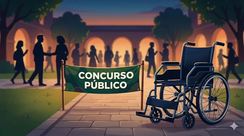 Ilustração de uma cadeira de rodas em primeiro plano ao lado de uma faixa com o texto “Concurso Público”. Ao fundo, silhuetas de pessoas caminham em um ambiente que lembra um espaço institucional, representando participação e inclusão de pessoas com deficiência em seleções públicas.