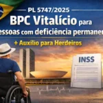 Arte informativa com a bandeira do Brasil e o Congresso Nacional ao fundo. Em primeiro plano, um homem em cadeira de rodas observa o prédio do Congresso. O texto destaca: “PL 5747/2025 – BPC vitalício para pessoas com deficiência permanente + auxílio para herdeiros”, ao lado de um documento com a sigla INSS.