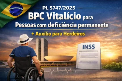 Arte informativa com a bandeira do Brasil e o Congresso Nacional ao fundo. Em primeiro plano, um homem em cadeira de rodas observa o prédio do Congresso. O texto destaca: “PL 5747/2025 – BPC vitalício para pessoas com deficiência permanente + auxílio para herdeiros”, ao lado de um documento com a sigla INSS.
