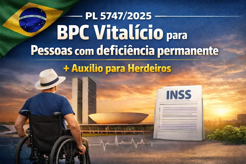 Arte informativa com a bandeira do Brasil e o Congresso Nacional ao fundo. Em primeiro plano, um homem em cadeira de rodas observa o prédio do Congresso. O texto destaca: “PL 5747/2025 – BPC vitalício para pessoas com deficiência permanente + auxílio para herdeiros”, ao lado de um documento com a sigla INSS.