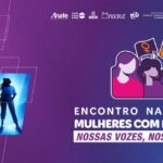 Banner do Encontro Nacional de Mulheres com Deficiência, com ilustrações de mulheres diversas e o texto “Nossas vozes, nossos direitos”.