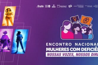 Banner do Encontro Nacional de Mulheres com Deficiência, com ilustrações de mulheres diversas e o texto “Nossas vozes, nossos direitos”.