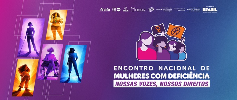Banner do Encontro Nacional de Mulheres com Deficiência, com ilustrações de mulheres diversas e o texto “Nossas vozes, nossos direitos”.