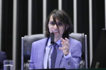 Pessoa falando ao microfone em uma sessão formal, vestindo terno e óculos, sentada em uma cadeira de destaque. Ao fundo, aparecem elementos de um plenário ou auditório institucional.