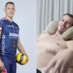 Imagem dividida em duas partes: à esquerda, um atleta de vôlei vestindo uniforme esportivo azul e segurando uma bola; à direita, o mesmo homem aparece deitado em uma cama, sem camisa, com apoio de travesseiro cervical, aparentando estar em recuperação de saúde.