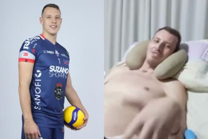 Imagem dividida em duas partes: à esquerda, um atleta de vôlei vestindo uniforme esportivo azul e segurando uma bola; à direita, o mesmo homem aparece deitado em uma cama, sem camisa, com apoio de travesseiro cervical, aparentando estar em recuperação de saúde.
