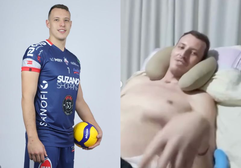 Imagem dividida em duas partes: à esquerda, um atleta de vôlei vestindo uniforme esportivo azul e segurando uma bola; à direita, o mesmo homem aparece deitado em uma cama, sem camisa, com apoio de travesseiro cervical, aparentando estar em recuperação de saúde.