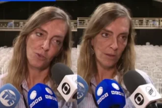 Imagem com duas cenas lado a lado da dra Tatiana Sampaio sendo entrevistada por veículos de imprensa. Ela fala ao microfone em um auditório, com cadeiras ao fundo, enquanto diferentes emissoras registram a entrevista.