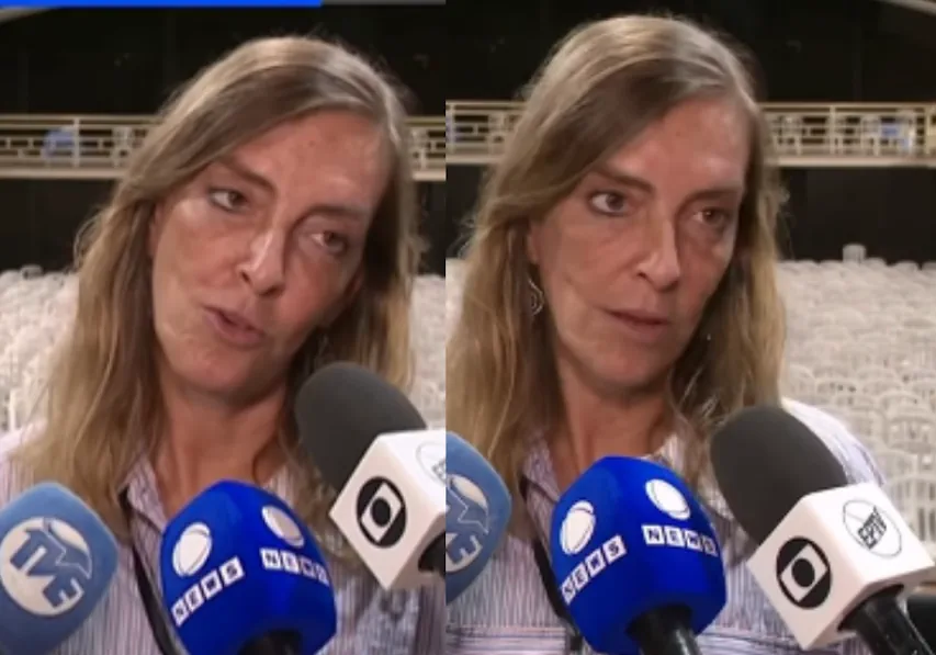 Imagem com duas cenas lado a lado da dra Tatiana Sampaio sendo entrevistada por veículos de imprensa. Ela fala ao microfone em um auditório, com cadeiras ao fundo, enquanto diferentes emissoras registram a entrevista.