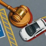 Martelo de juiz e carro branco sobre vaga reservada para pessoas com deficiência