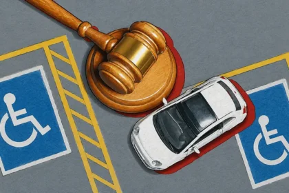 Martelo de juiz e carro branco sobre vaga reservada para pessoas com deficiência