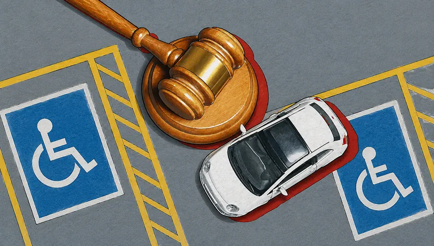 Martelo de juiz e carro branco sobre vaga reservada para pessoas com deficiência