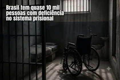 **Texto alternativo:** Arte com o título **“Brasil tem quase 10 mil pessoas com deficiência no sistema prisional”**. A imagem mostra o interior de uma cela com grades, uma cama, um vaso sanitário e uma cadeira de rodas ao centro,.