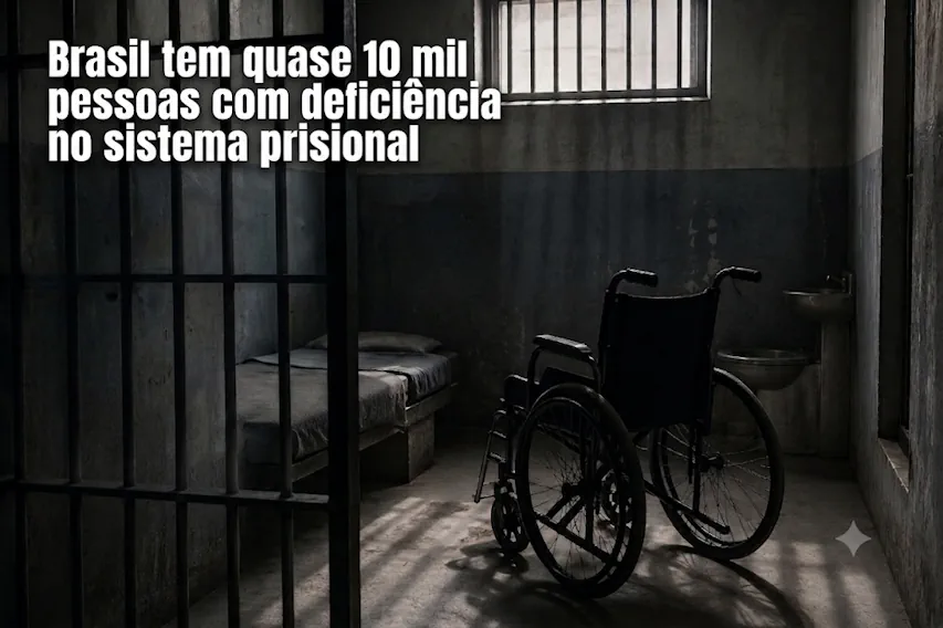 **Texto alternativo:** Arte com o título **“Brasil tem quase 10 mil pessoas com deficiência no sistema prisional”**. A imagem mostra o interior de uma cela com grades, uma cama, um vaso sanitário e uma cadeira de rodas ao centro,.