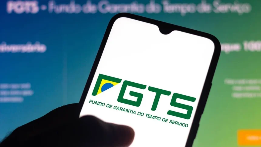 Smartphone exibindo o logotipo do FGTS (Fundo de Garantia do Tempo de Serviço) com detalhes nas cores verde, amarelo e branco.