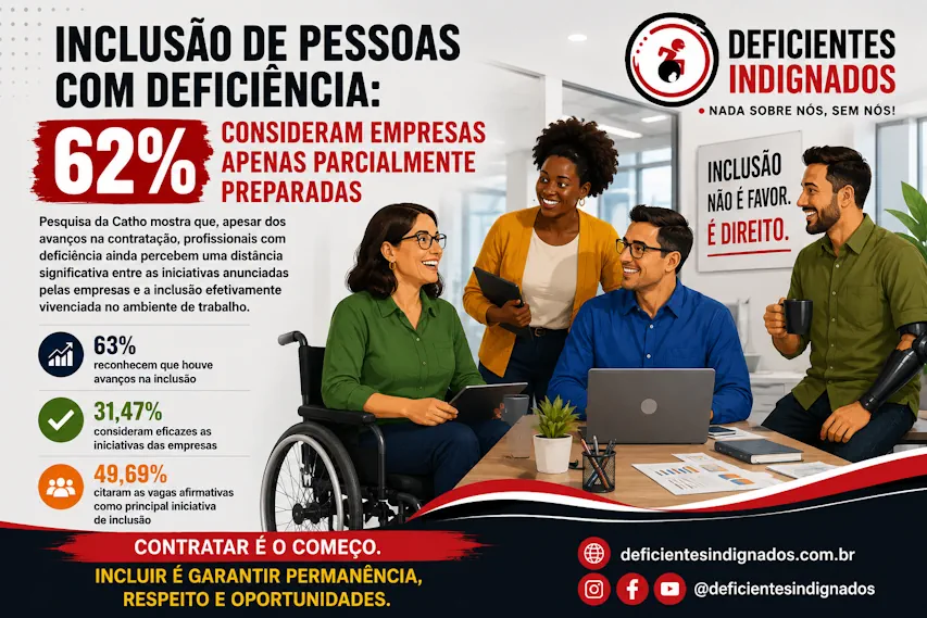 Ilustração sobre inclusão de pessoas com deficiência no trabalho, destacando que 62% consideram as empresas parcialmente preparadas.