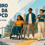 Ilustração com o texto "SETEMBRO VERDE DA LUTA PCD. Deficiência não é limite. Barreiras são." À direita, quatro pessoas com diferentes deficiências (uma mulher em cadeira de rodas, um homem cego com bengala guia, uma mulher surda sinalizando em Libras e um homem com prótese na perna) caminham juntas por uma calçada acessível com piso tátil, em um cenário urbano ensolarado com prédios ao fundo.