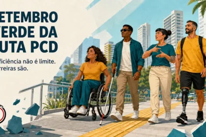 Ilustração com o texto "SETEMBRO VERDE DA LUTA PCD. Deficiência não é limite. Barreiras são." À direita, quatro pessoas com diferentes deficiências (uma mulher em cadeira de rodas, um homem cego com bengala guia, uma mulher surda sinalizando em Libras e um homem com prótese na perna) caminham juntas por uma calçada acessível com piso tátil, em um cenário urbano ensolarado com prédios ao fundo.