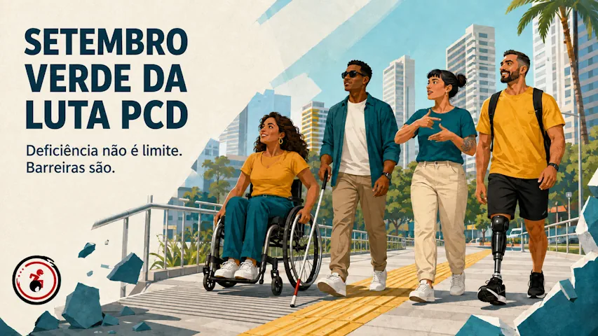 Ilustração com o texto "SETEMBRO VERDE DA LUTA PCD. Deficiência não é limite. Barreiras são." À direita, quatro pessoas com diferentes deficiências (uma mulher em cadeira de rodas, um homem cego com bengala guia, uma mulher surda sinalizando em Libras e um homem com prótese na perna) caminham juntas por uma calçada acessível com piso tátil, em um cenário urbano ensolarado com prédios ao fundo.