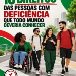Ilustração de quatro pessoas com deficiência em ambiente urbano acessível. No topo, lê-se: “10 direitos das pessoas com deficiência que todo mundo deveria conhecer”.