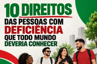 Ilustração de quatro pessoas com deficiência em ambiente urbano acessível. No topo, lê-se: “10 direitos das pessoas com deficiência que todo mundo deveria conhecer”.