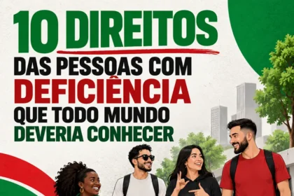 Ilustração de quatro pessoas com deficiência em ambiente urbano acessível. No topo, lê-se: “10 direitos das pessoas com deficiência que todo mundo deveria conhecer”.