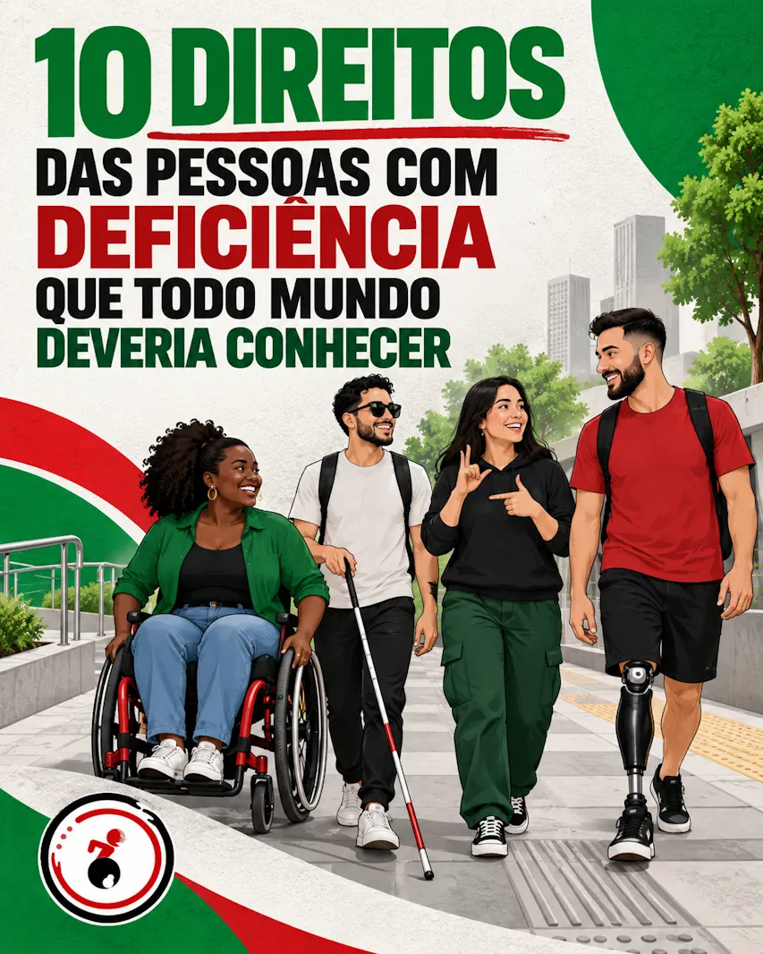Ilustração de quatro pessoas com deficiência em ambiente urbano acessível. No topo, lê-se: “10 direitos das pessoas com deficiência que todo mundo deveria conhecer”.