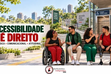 Quatro pessoas com deficiência conversam em praça acessível. Ao lado, lê-se: “Acessibilidade é direito”.