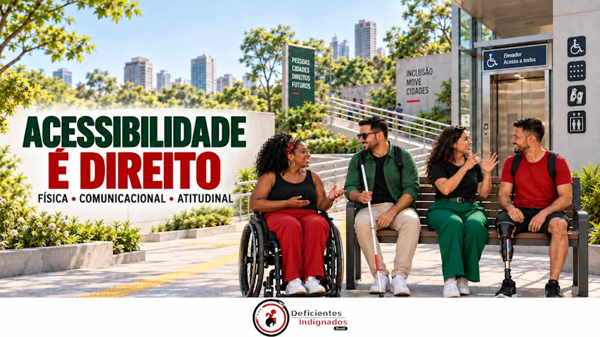 Quatro pessoas com deficiência conversam em praça acessível. Ao lado, lê-se: “Acessibilidade é direito”.