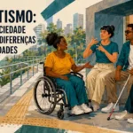 Ilustração com quatro pessoas conversando em um ambiente externo e acessível, com piso tátil e rampas. À esquerda, uma mulher negra conversa sentada em uma cadeira de rodas. Ao lado dela, uma mulher faz sinais com as mãos, seguida por um homem negro de óculos escuros segurando uma bengala branca e outra pessoa sentada à direita. No canto superior esquerdo, o texto em letras maiúsculas diz: "Capacitismo: quando a sociedade transforma diferenças em desigualdades"