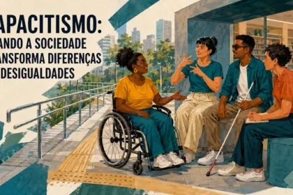 Ilustração com quatro pessoas conversando em um ambiente externo e acessível, com piso tátil e rampas. À esquerda, uma mulher negra conversa sentada em uma cadeira de rodas. Ao lado dela, uma mulher faz sinais com as mãos, seguida por um homem negro de óculos escuros segurando uma bengala branca e outra pessoa sentada à direita. No canto superior esquerdo, o texto em letras maiúsculas diz: "Capacitismo: quando a sociedade transforma diferenças em desigualdades"