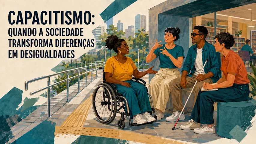 Ilustração com quatro pessoas conversando em um ambiente externo e acessível, com piso tátil e rampas. À esquerda, uma mulher negra conversa sentada em uma cadeira de rodas. Ao lado dela, uma mulher faz sinais com as mãos, seguida por um homem negro de óculos escuros segurando uma bengala branca e outra pessoa sentada à direita. No canto superior esquerdo, o texto em letras maiúsculas diz: "Capacitismo: quando a sociedade transforma diferenças em desigualdades"