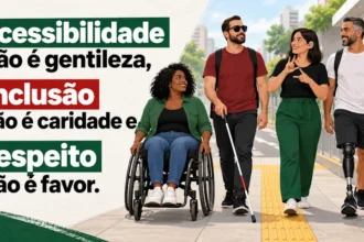 Pessoas com diferentes deficiências caminham em área acessível ao lado da frase sobre direitos, inclusão e respeito.