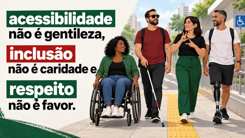 Pessoas com diferentes deficiências caminham em área acessível ao lado da frase sobre direitos, inclusão e respeito.