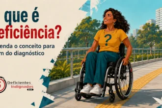 Arte com o título **“O que é deficiência? Entenda o conceito para além do diagnóstico”**, mostrando uma mulher em cadeira de rodas em uma calçada acessível, com o símbolo de interrogação na camiseta e a logo Deficientes Indignados.