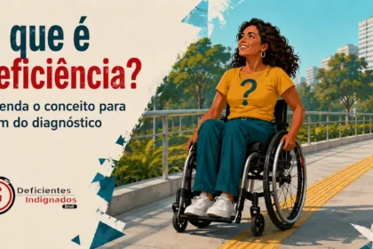 Arte com o título **“O que é deficiência? Entenda o conceito para além do diagnóstico”**, mostrando uma mulher em cadeira de rodas em uma calçada acessível, com o símbolo de interrogação na camiseta e a logo Deficientes Indignados.