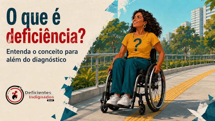 Arte com o título **“O que é deficiência? Entenda o conceito para além do diagnóstico”**, mostrando uma mulher em cadeira de rodas em uma calçada acessível, com o símbolo de interrogação na camiseta e a logo Deficientes Indignados.