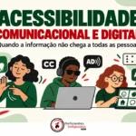 Ilustração sobre acessibilidade comunicacional e digital com mulher usando Libras, pessoa cega usando leitor de tela e mulher utilizando comunicação alternativa em um tablet.
