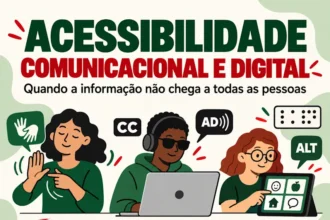 Ilustração sobre acessibilidade comunicacional e digital com mulher usando Libras, pessoa cega usando leitor de tela e mulher utilizando comunicação alternativa em um tablet.