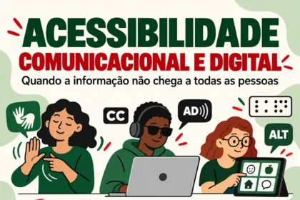 Ilustração sobre acessibilidade comunicacional e digital com mulher usando Libras, pessoa cega usando leitor de tela e mulher utilizando comunicação alternativa em um tablet.