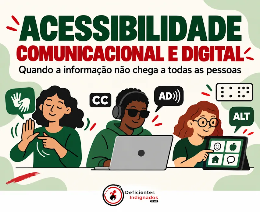 Ilustração sobre acessibilidade comunicacional e digital com mulher usando Libras, pessoa cega usando leitor de tela e mulher utilizando comunicação alternativa em um tablet.