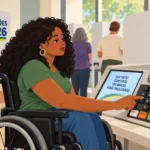 Acessibilidade eleições 2026: mulher em cadeira de rodas votando em urna eletrônica.