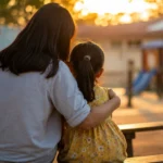 Mulher e criança sentadas em um banco em uma praça.